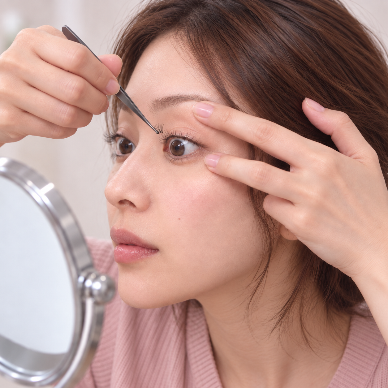 左右交互にセルフマツエクをつけてバランスを確認する様子